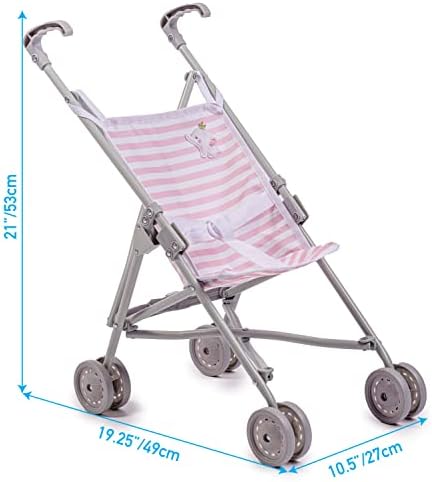 JC Toys Boutique | Folding Umbrella Doll Stroller for Children 2 Years Plus, Pink Stripes and Soft Embroidery | Sturdy Metal Frame | Pretend Play with Dolls up to 18” Long | Seat Belt