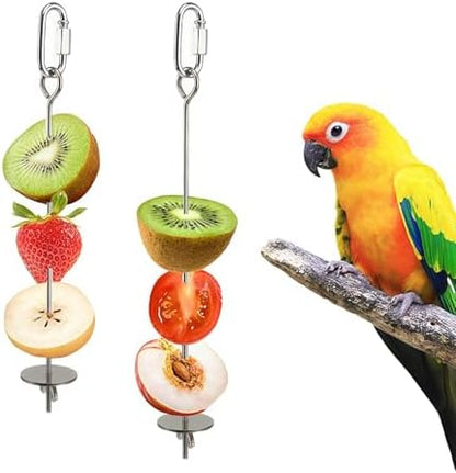 2 Pcs Bird Cage Food Holder Stainless Steel Parrot Fruit & Vegetable Skewer Hanging Foraging Toy for Parakeets, Budgies, Macaws