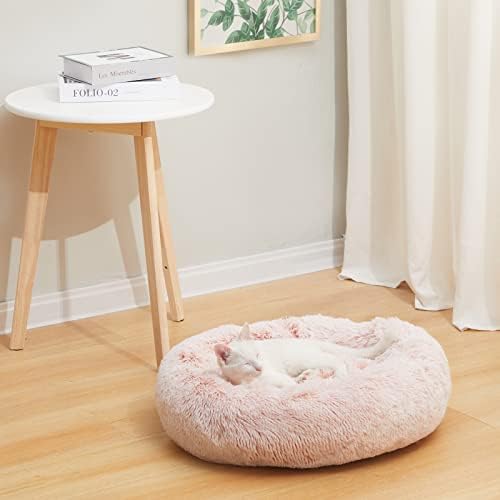 Bedfolks Calming Fluffy Donut Dog Bed for Small Dogs,Pink, 23" Round