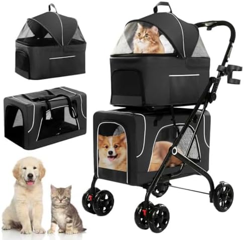 Double Dog Stroller with Cup Holder, Foldable 3-in-1 Cat Strollers with 2 Detachable Carriers, Safety Belt, Washable Cover, Removable Pads, 4 Wheels Travel Pet Stroller for Small Medium Dogs (Black)