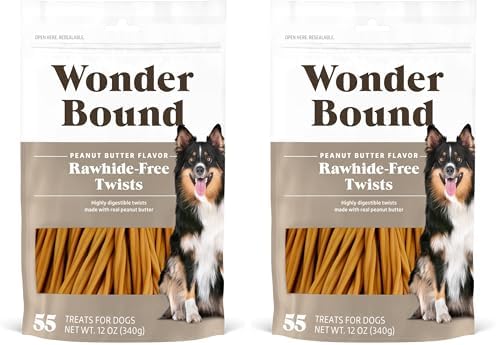 Amazon Brand - Wonder Bound Peanut Butter Flavor Rawhide Free Twists Dog Treats, Long-Lasting, Easily Digestible Dental Health Chews, 55 Count, 12 Ounces (Pack of 2)