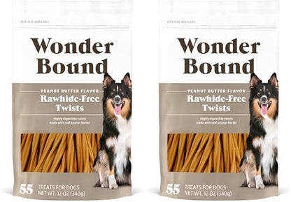 Amazon Brand - Wonder Bound Peanut Butter Flavor Rawhide Free Twists Dog Treats, Long-Lasting, Easily Digestible Dental Health Chews, 55 Count, 12 Ounces (Pack of 2)