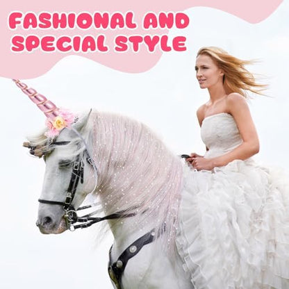 Juexica 19 Pcs Unicorn Horn for Horse, Pink Hair Extensions Clip in