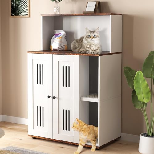 Yafylly Litter Box Enclosure for 2 Cats, Double Litter Box Enclosure with Scratch Mat, Hidden Cat Litter Boxes Furniture for Most Litter Boxes, White