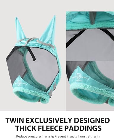 Harrison Howard Horse Fly Mask UV Protective Fine Mesh with Extra Wool Soft Touch on Skin Fly and UV Protection Summer Mint-Black M