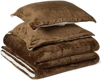 Amazon Basics Reversible Sherpa Comforter Set with Pillow Sham, Brown/White, King Size, Warm, Machine Washable