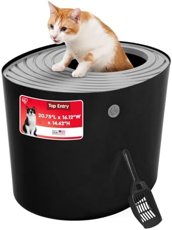 IRIS USA Large Top Entry Cat Litter Box, Hooded Privacy, Black/Gray