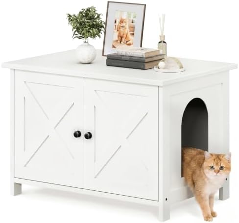 Shintenchi Cat Litter Box Enclosure, Litter Box Furniture Cabinet Hidden with Removable Divider, Wooden Cat House with End Table, White, 31.5 inch