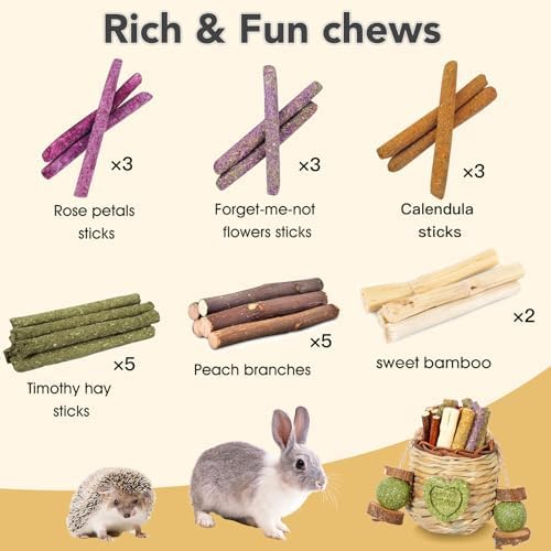 Jorewood Rabbit Chew Toys,Natural Hanging Basket with Sweet Bamboo,Timothy Hay,Peach Sticks for Bunny Chinchillas Guinea Pigs Hamsters Rats Teeth Grinding