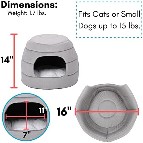 BIRDROCK HOME 2 in 1 Pet Bed for Cats or Small Dogs - Cozy Cat Cave or Plush Dog Bed - Indoor Teepee House for Pets (16 Inch Wide, Grey)