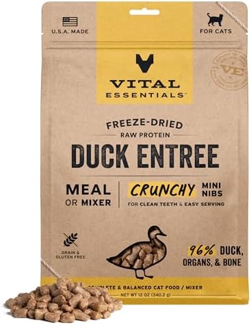 Vital Essentials Freeze Dried Cat Food, Duck Mini Nibs, 12 oz Bag