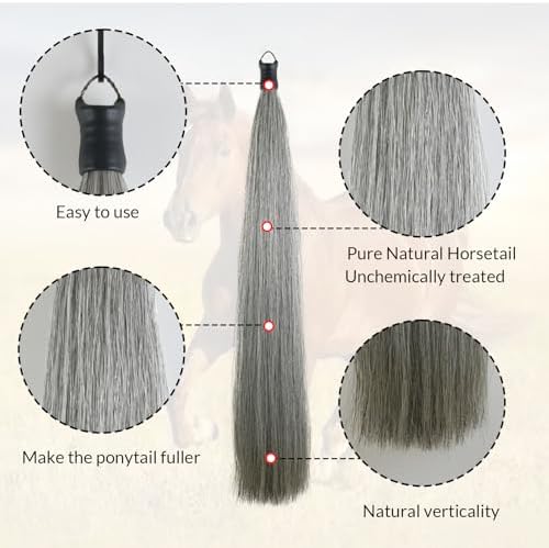 33.5 IN Long 1 LB Horse Tail Extension with Braided Horsehair Loop & Blunt Cut Bottom (Medium Gray)