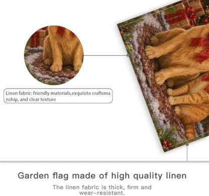 Christmas Pet Garden Flag 12x18 Inch Merry Holiday Golden Retriever Orange Cat Red Bows Tree Gifts Snowy Farmhouse Outdoor Yard Lawn Porch Double Sided Banner Welcome Decor