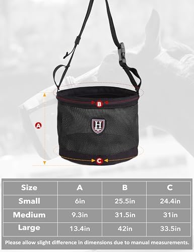 Harrison Howard Horse Muzzle Feed Bag Nylon Mesh Grain Feed Bag with Padded Neck Strap Adjustable Belt Black Small