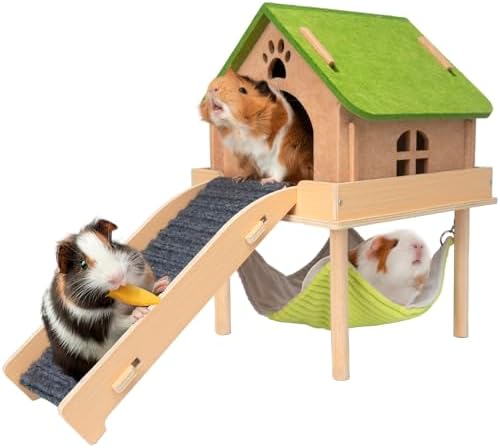 BESNEW 3 in 1 Enlarged Guinea Pig Hammock,Wooden Guinea Pig Hideout with House & Platform & Stairs Small Animal Toys for Hiding Sleeping Activities