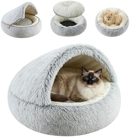 2-in-1 Convertible Cat & Dog Bed Cave with Removable Zipper Hood, Converts to Calming Donut Bed, Reversible Plush & Cooling Ice Silk Cushion (Grey, 19.7 in Small Size)