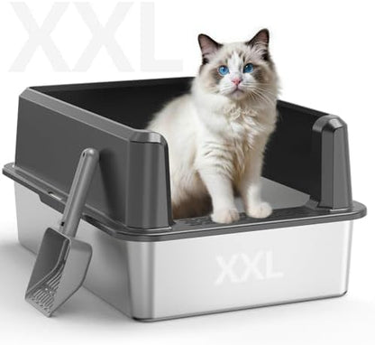 Stainless Steel Cat Litter Box, XXL High Sided Open Top Litter Pan, 1 Scoop