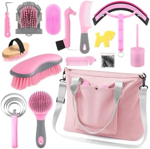 Abbylike 15 Pieces Horse Grooming Kit with Organizer Tote Bag Tack Room Supplies Horse Brush Sets Care Equine Cleaning Kit Shedding Grooming Massaging Tools(Pink and Grey)
