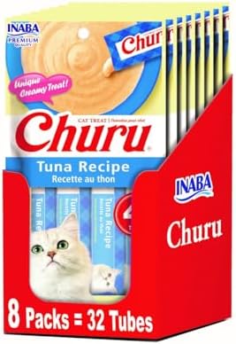 INABA Churu Lickable Purée Natural Cat Treats - Tuna Recipe (4 Servings per Package, 8 Packages) (32 Tubes)