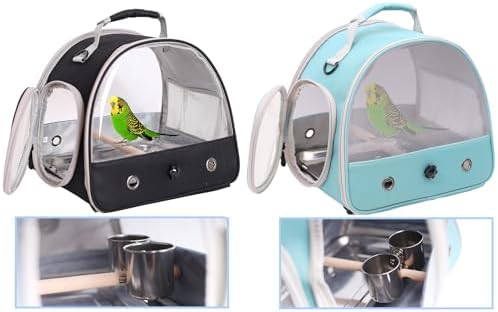 Bird Carrier, Portable Small Bird Parrot Parakeet Carrier with Standing Perch and Stainless Steel Tray, Side Access Window Collapsible (Silver, Clamp Cups)