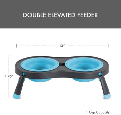 Dexas Pets Elevated Double Pet Feeder, Small, 1 Cup Capacity Bowls, Blue, Raised Pet Food and Water Bowls