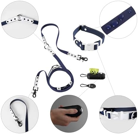 Medium Luna 8FT Adjustable 6-in-1 Waterproof Hands-Free Leash and Collar Set with LED Flashlight, Waste Bag Dispenser, and Poop Bag Holder, Navy White, Highball WLK1005J-5SET