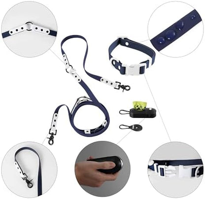 Medium Luna 8FT Adjustable 6-in-1 Waterproof Hands-Free Leash and Collar Set with LED Flashlight, Waste Bag Dispenser, and Poop Bag Holder, Navy White, Highball WLK1005J-5SET