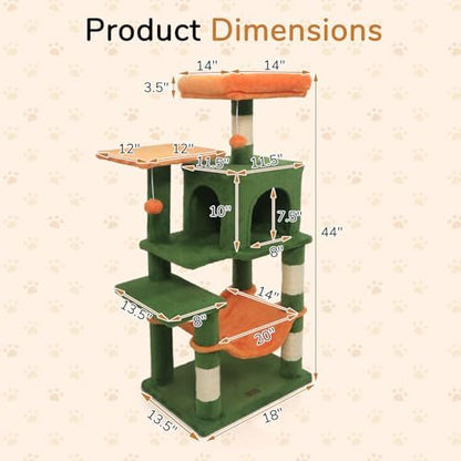 DORTALA Cat Tree for Indoor Cats, 44" Modern Cat Tower with Top Perch, Condo, Hammock, Sisal Scratching Posts, Dangling Balls, Platforms, Multi-level Pet Climbing Furniture Playground (Green & Orange)