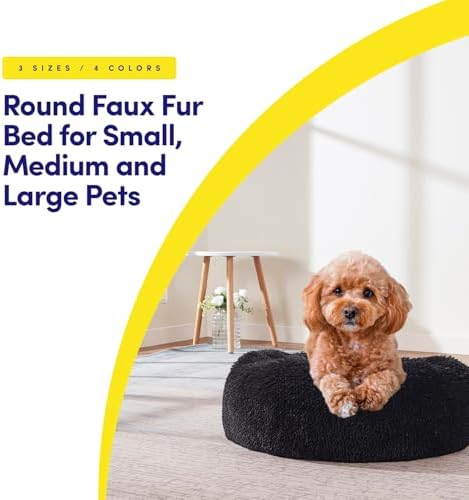 Dog & Cat Bed: Round Faux Fur Pet Bed - Plush, Cozy, & Calming Donut Bed for Medium Pets - Soft & Comfortable Sleeping Cushion for Napping & Lounging, 23" Round, Black
