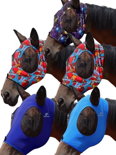 Mask Tech 5 Pieces Horse Fly Masks with Ears, Stretchy Elastic Mesh Fly Masks, 3D Eye Clearance, UV Protection-Large,Combo 15