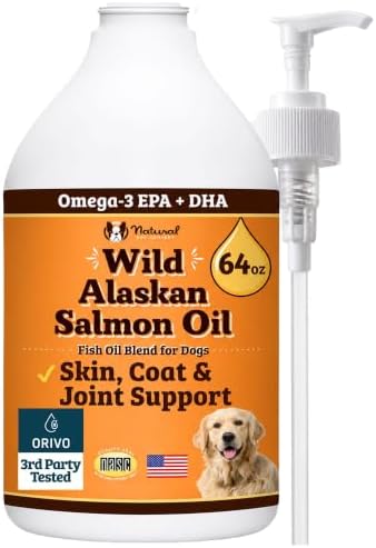 Natural Dog Company Wild Alaskan Salmon Oil for Dogs - Bulk Omega 3 Fish Oil Supplements with EPA & DHA, Half Gallon Value Size for Multi-Dog Homes, Skin Coat Joint & Heart Support, 64 oz