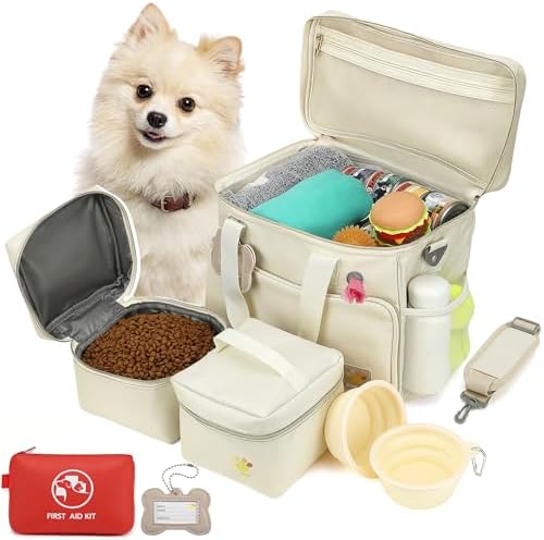 Pet Travel Bag, Large Beige Dog Carrier with Multiple Compartments and Adjustable Straps, Dog Suitcase for Weekend Camping, Pet Diaper Bag for Travelling(Beige)
