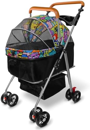 Pet Stroller with Storage Basket and Cup Holder, Folding Dog Jogger, Foldable Cat Stroller, 3 in 1 Puppy Kitten Cart, Pet Jogger for Medium Dog Cat (Magic Black)