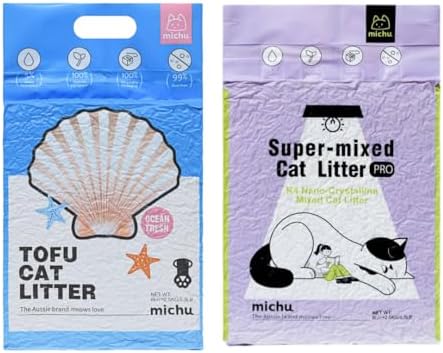 Michu Tofu Cat Litter Natural Clumping Tofu Cat Litter 5.5lb/88oz 5 Scents (Ocean Fresh + Mixed, 2 Pack)