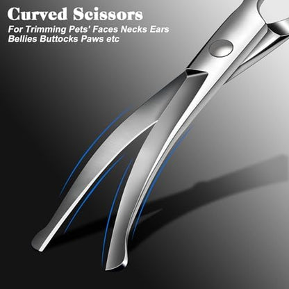 Professional 4 in 1 Dog & Cat Grooming Scissors Kit with Safety Round Tips,Sharp & Durable,Dog Shears for Grooming - Includes Straight, Curved, Thinning Scissors and Comb - Premium Pet Supplies