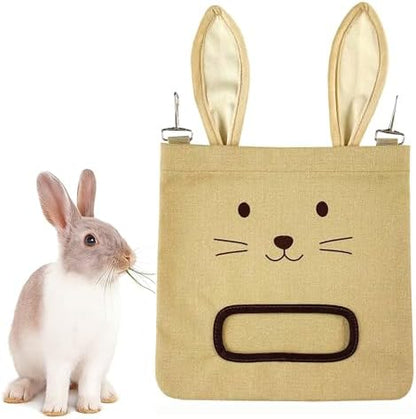 Rabbit Hay Feeder Bag - Hanging Rabbit Hay Feeder for Rabbits, Guinea Pigs and Chinchillas, Moss and Alfalfa Hay (Khaki)