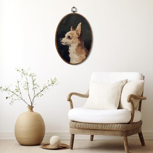 Vintage Dog Oval Framed Wall Art, Dog Lover Gifts Canvas Art Wall Decor，Cute Cottage Hanging Decor Painting Artwork for Home Bedroom Gallery Bathroom Dorm Living Room Office Decorations 8.3x12inch