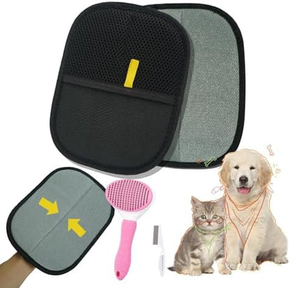 Pet Hair Remover Gloves 2 Pack with Comb, Reusable Electrostatic Pet Hair Removal Mitt for Couch, Car Seats, Clothes & Bedding, Dog & Cat Fur Remover for Furniture & Upholstery