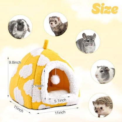 Guinea Pig Hideout Cave Cute Yellow Cloud Warm Fleece Bed for Small Animals Enclosed Bunny Tent Hut with Hanging Toy Washable Pet House for Dwarf Rabbit Chinchilla Ferret (Yellow)