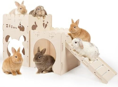 Large Rabbit Castle, Wooden Bunny House,Detachable Rabbit Hideaway, Indoor Hamster Castle with Ramp, Small Animal Houses & Habitats for Guinea Pig Chinchilla Ferret(2 House)