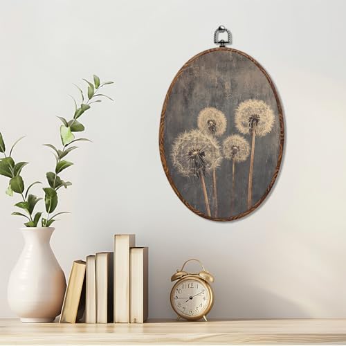 Vintage Dandelion Oval Framed Wall Art, Rustic Wildflower Canvas Art Wall Decor，Dark Academia Antique Landscape Hanging Decor Painting Artwork for Home Bathroom Bedroom Living Room Office 8.3x12inch