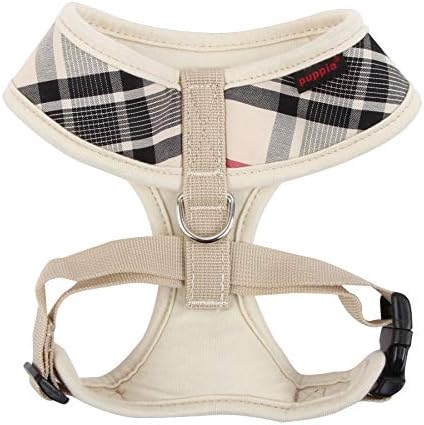 Puppia Junior Over-The-Head Dog Harness Checkered Pattern No Choke No Pull Adjustable Chest Belt Walking Training for Small and Medium Dog, Small, Beige