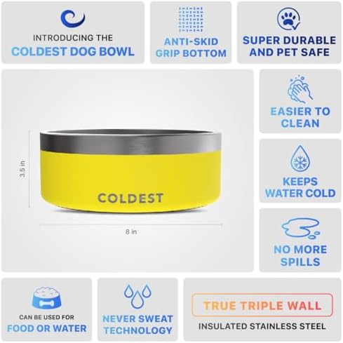 Coldest Dog Bowl - Anti Rust Metal, Non Slip, 3 Layers Insulated Stainless Steel Dog Bowls - Spill Proof & Heavy Duty - Water Bowl for Dogs, Cats & Pets, Dish Washer Safe (64 oz, Solar Yellow)