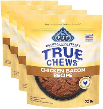 Blue Buffalo True Chews Dog Treats, Made in the USA with Natural Ingredients, Chicken Bacon Recipe, 22-oz Bag, (Pack of 4)
