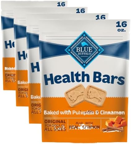 Blue Buffalo Health Bars Pumpkin & Cinnamon Crunchy Dog Biscuits, Oven-Baked with Pumpkin & Natural Ingredients, Healthy Dog Treats with No Artificial Flavors or Preservatives, 16 oz. (Pack of 4)