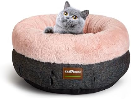 ClevaHome Calming Soft Plush Donut Cat Bed, Fluffy Round Cat Bed for Indoor Cats, Washable Kitten Bed with Plush Faux Fur, Anti-Slip Bottom, Blush Pink