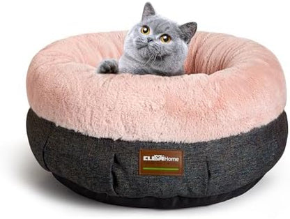 ClevaHome Calming Soft Plush Donut Cat Bed, Fluffy Round Cat Bed for Indoor Cats, Washable Kitten Bed with Plush Faux Fur, Anti-Slip Bottom, Blush Pink