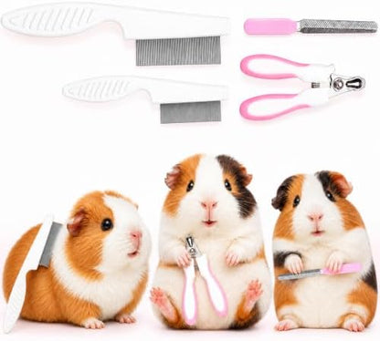 Guinea Pig Brush Kit Hamster Cleaning Grooming Comb with Nail Clipper Trimmer, Nail Files - Professional Small Animal Grooming Tool for Rabbit, Bunny, Puppy, Kitten, Ferret