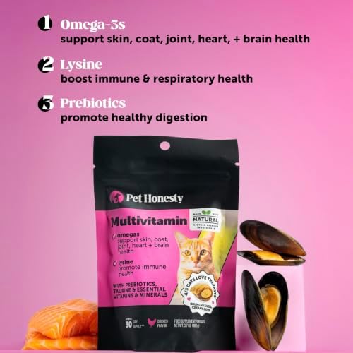 Cat Multivitamin Crunchy Creamy Chews - Daily Vitamins with Lysine, Prebiotics, Omega 3 Fish Oil - Cat Treats for Immune Support, Skin Coat, Digestion, Heart + Joint Health (180 Day Supply)