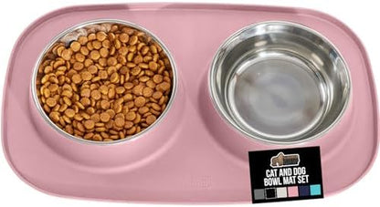 GORILLA GRIP Dog Bowl Set with Feeding Mat, 304 Stainless Steel, 2 Cup Pink